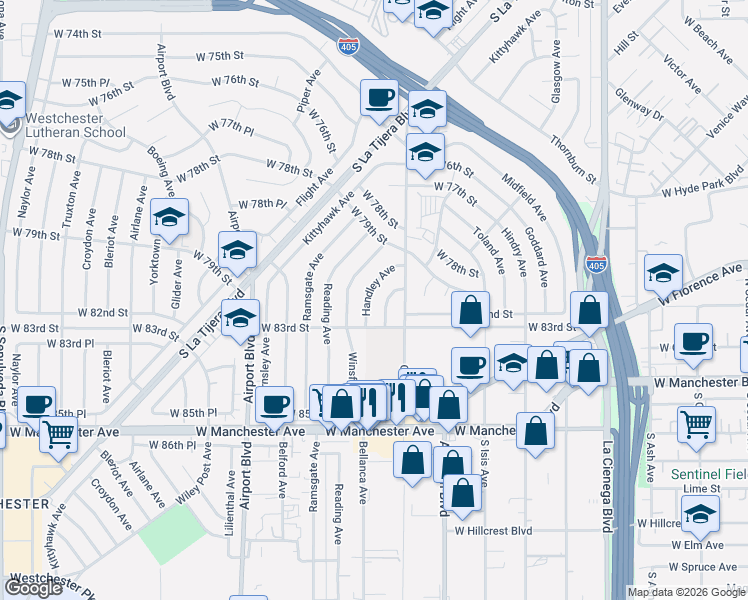 map of restaurants, bars, coffee shops, grocery stores, and more near 8116 Handley Avenue in Los Angeles