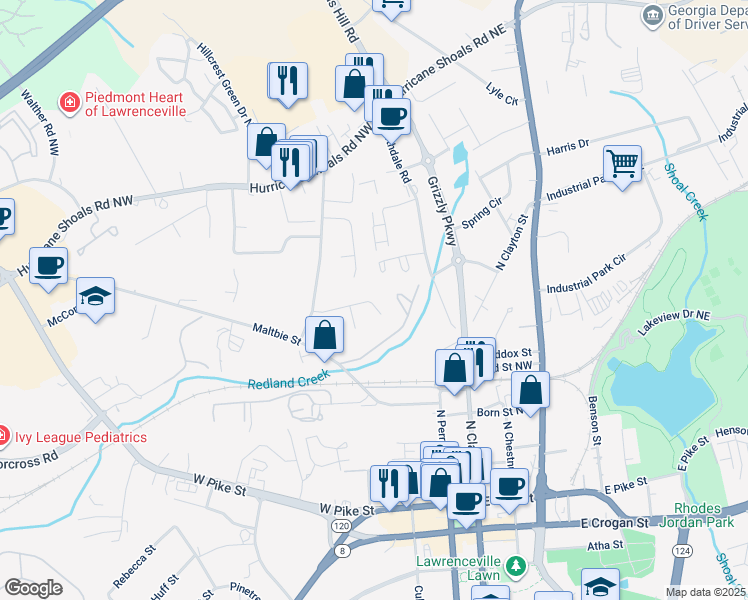 map of restaurants, bars, coffee shops, grocery stores, and more near 191 Scarlet Way in Lawrenceville