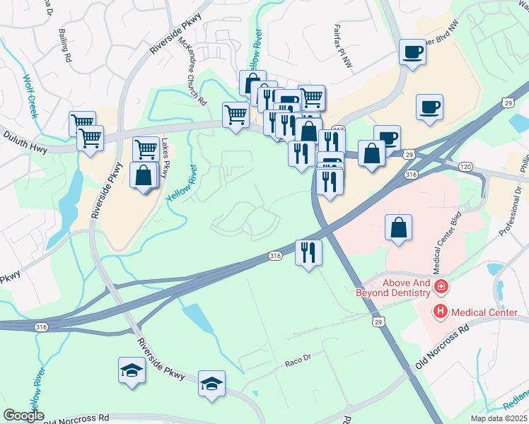 map of restaurants, bars, coffee shops, grocery stores, and more near 900 Legacy Park Drive in Lawrenceville