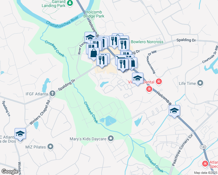 map of restaurants, bars, coffee shops, grocery stores, and more near 6509 Deerings Lane in Norcross