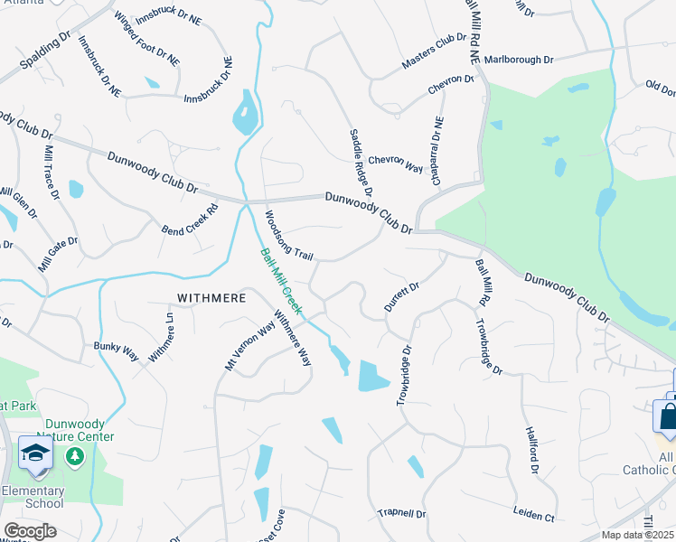 map of restaurants, bars, coffee shops, grocery stores, and more near 5545 Woodsong Trail in Dunwoody