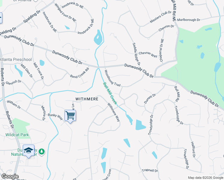 map of restaurants, bars, coffee shops, grocery stores, and more near 1596 The Woodsong in Dunwoody