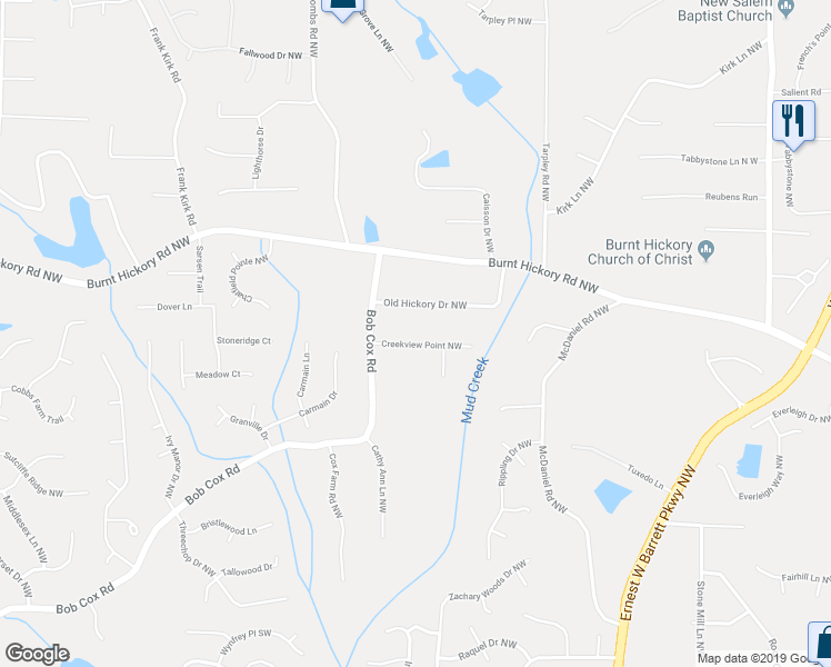 map of restaurants, bars, coffee shops, grocery stores, and more near 2720 Creekview Point Northwest in Marietta