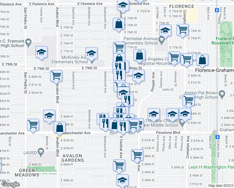 map of restaurants, bars, coffee shops, grocery stores, and more near 1018 East 82nd Street in Los Angeles