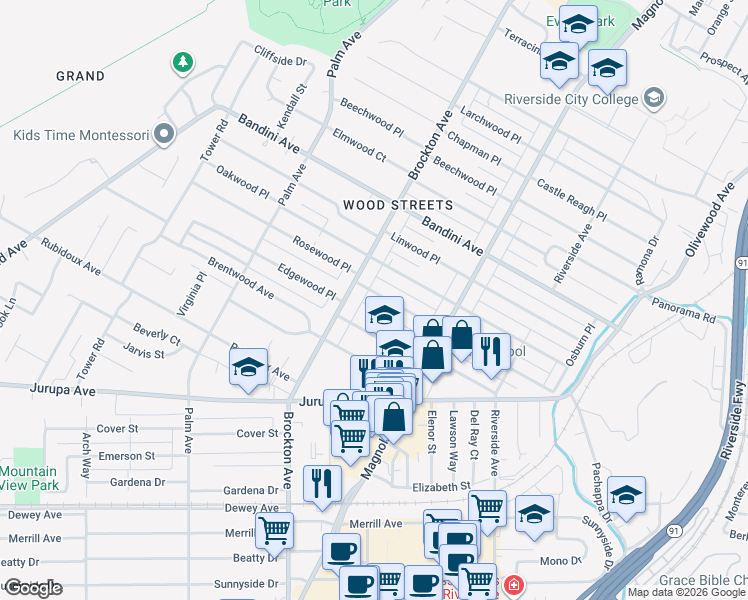 map of restaurants, bars, coffee shops, grocery stores, and more near 4032 Rosewood Place in Riverside