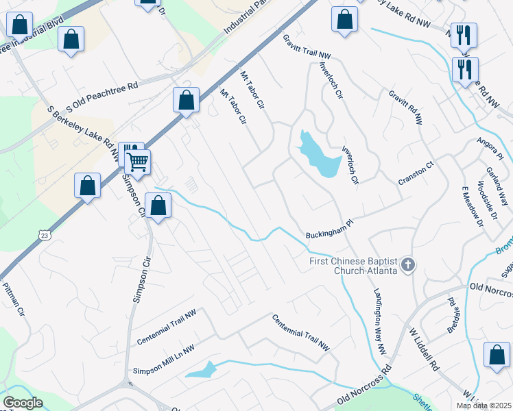 map of restaurants, bars, coffee shops, grocery stores, and more near 2755 Woodbine Hill Way in Norcross