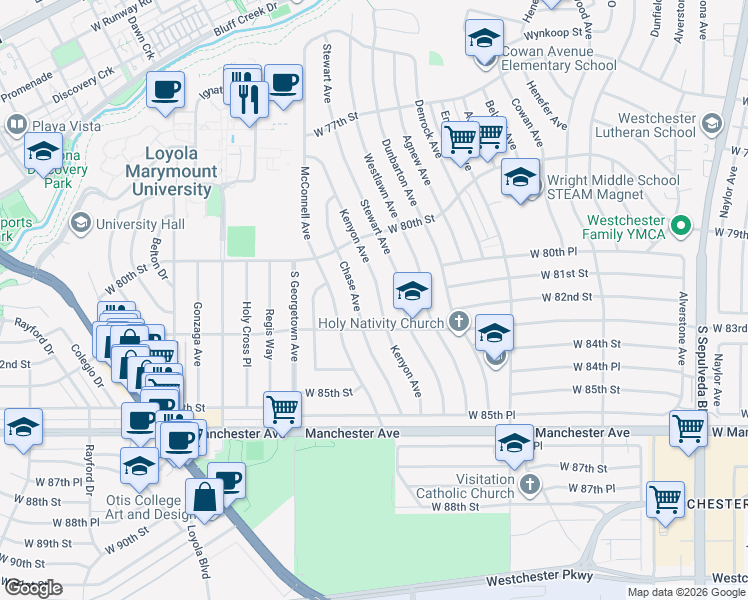 map of restaurants, bars, coffee shops, grocery stores, and more near 8129 Kenyon Avenue in Los Angeles