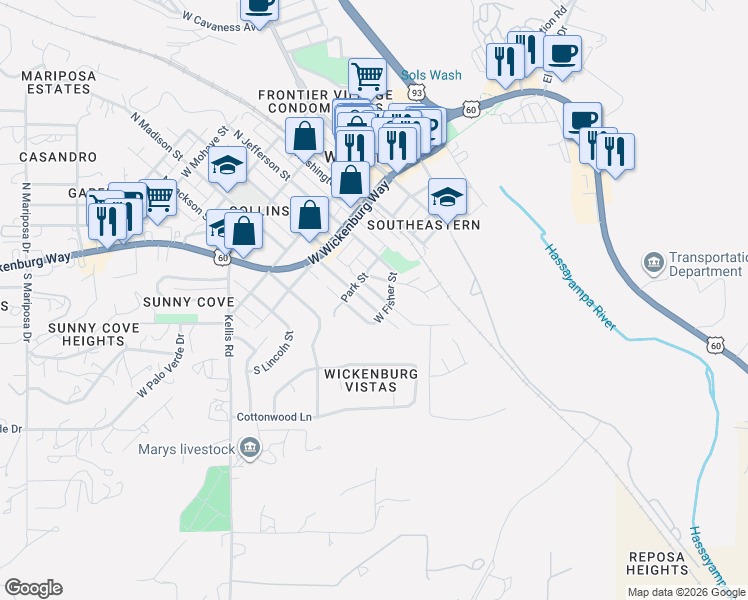 map of restaurants, bars, coffee shops, grocery stores, and more near 229 South Mesquite Street in Wickenburg