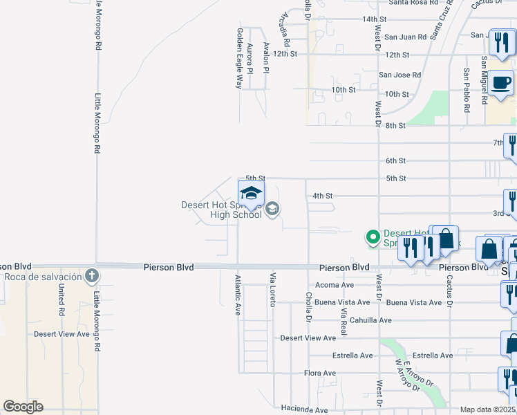 map of restaurants, bars, coffee shops, grocery stores, and more near 65850 Pierson Boulevard in Desert Hot Springs