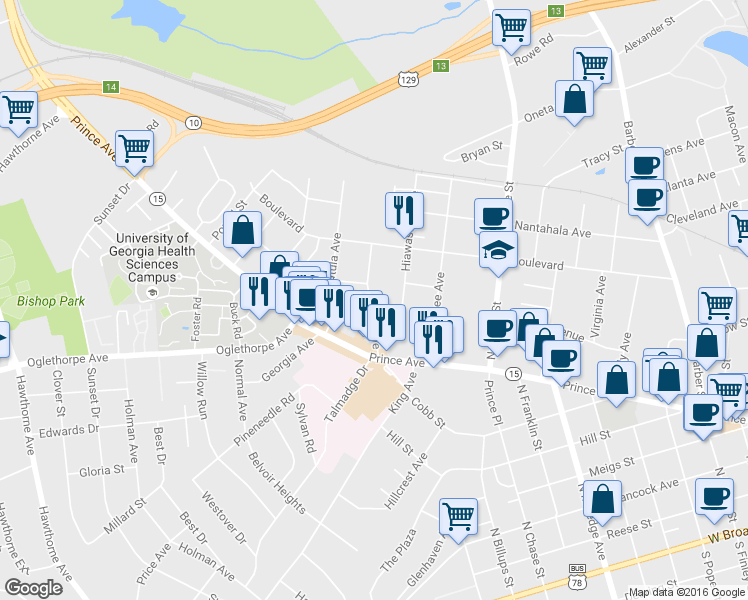 map of restaurants, bars, coffee shops, grocery stores, and more near 148 Park Avenue in Athens