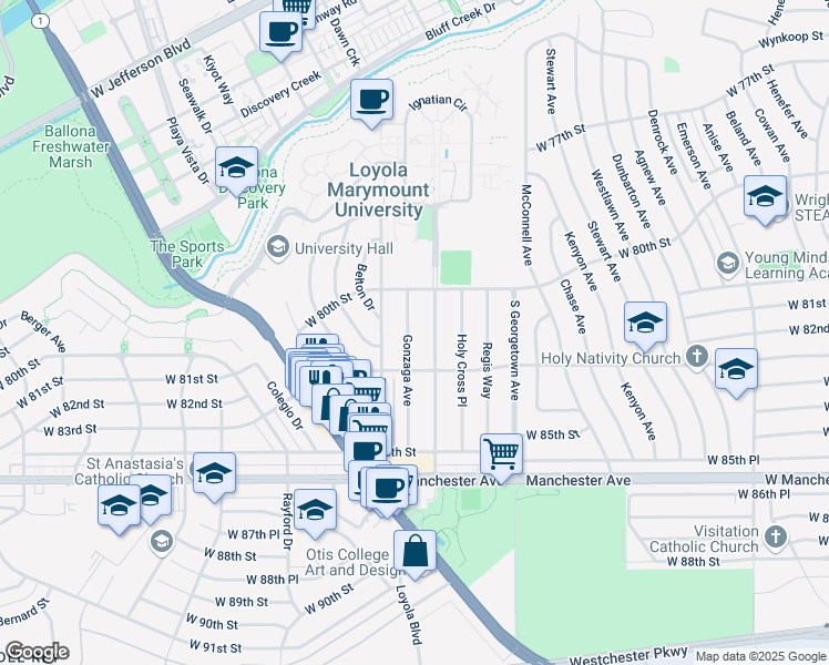 map of restaurants, bars, coffee shops, grocery stores, and more near 8100 Gonzaga Avenue in Los Angeles