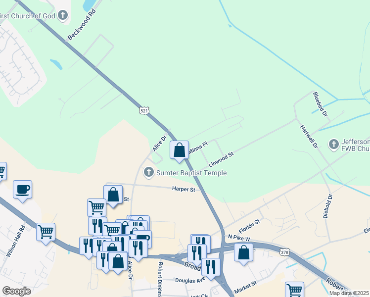 map of restaurants, bars, coffee shops, grocery stores, and more near 1445 Camden Highway in Sumter