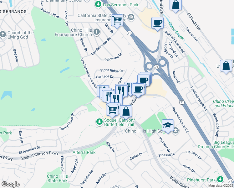 map of restaurants, bars, coffee shops, grocery stores, and more near 15906 Kingston Road in Chino Hills
