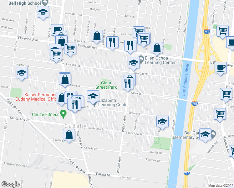 map of restaurants, bars, coffee shops, grocery stores, and more near 4920 1/2 Clara Street in Bell Gardens