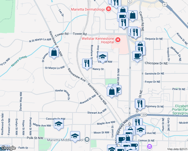 map of restaurants, bars, coffee shops, grocery stores, and more near 534 Roselane Street Northwest in Marietta