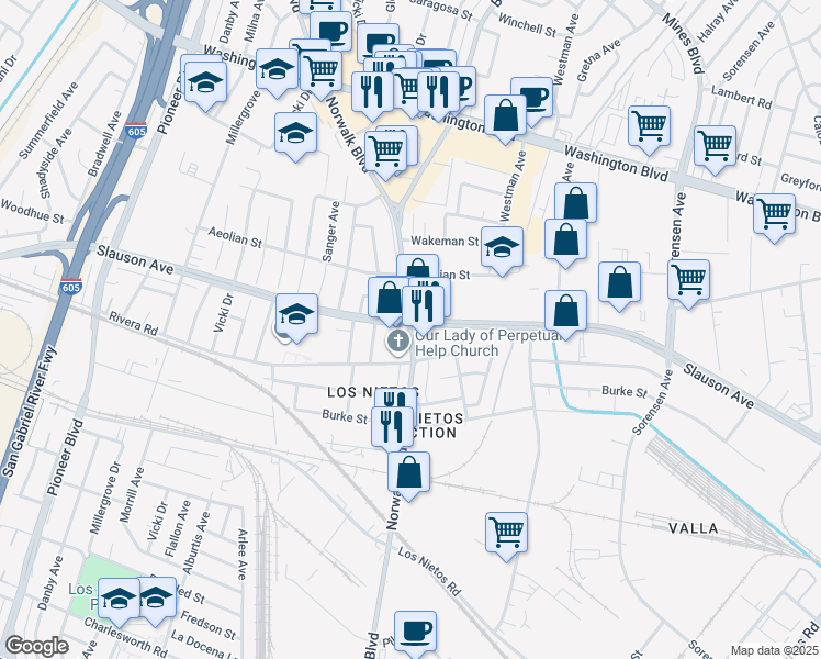 map of restaurants, bars, coffee shops, grocery stores, and more near 8521 Slauson Avenue in Whittier