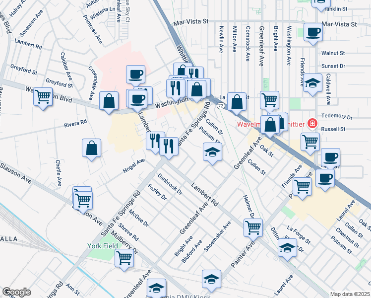 map of restaurants, bars, coffee shops, grocery stores, and more near 12617 Flomar Drive in Whittier