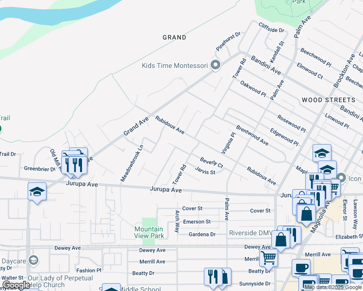 map of restaurants, bars, coffee shops, grocery stores, and more near 4775 Beverly Court in Riverside