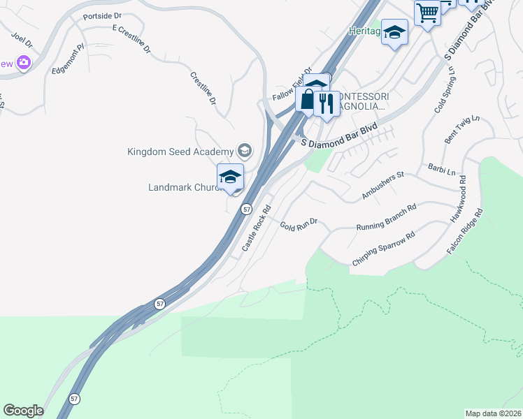 map of restaurants, bars, coffee shops, grocery stores, and more near 3531 Castlerock Road in Pomona
