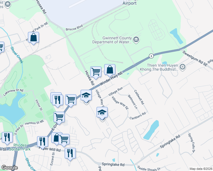 map of restaurants, bars, coffee shops, grocery stores, and more near 51 Providence Oak Court Southeast in Lawrenceville