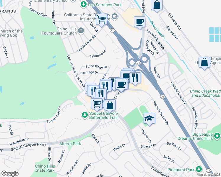 map of restaurants, bars, coffee shops, grocery stores, and more near 15920 Ellington Way in Chino Hills