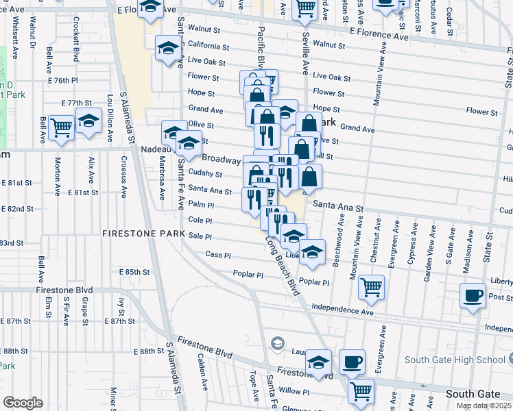 map of restaurants, bars, coffee shops, grocery stores, and more near 8117 Long Beach Boulevard in South Gate