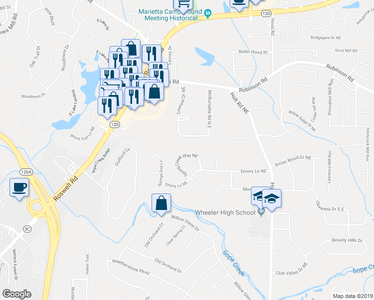 map of restaurants, bars, coffee shops, grocery stores, and more near 557 Spring Creek Way Northeast in Marietta