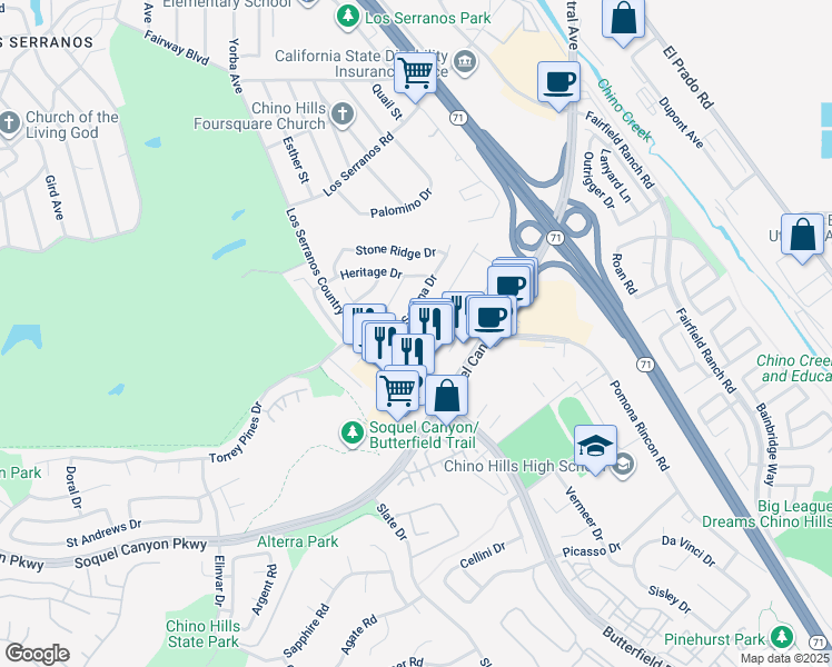 map of restaurants, bars, coffee shops, grocery stores, and more near 15906 Kingston Road in Chino Hills