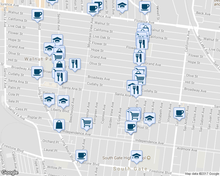 map of restaurants, bars, coffee shops, grocery stores, and more near 3050 Cudahy Street in Huntington Park