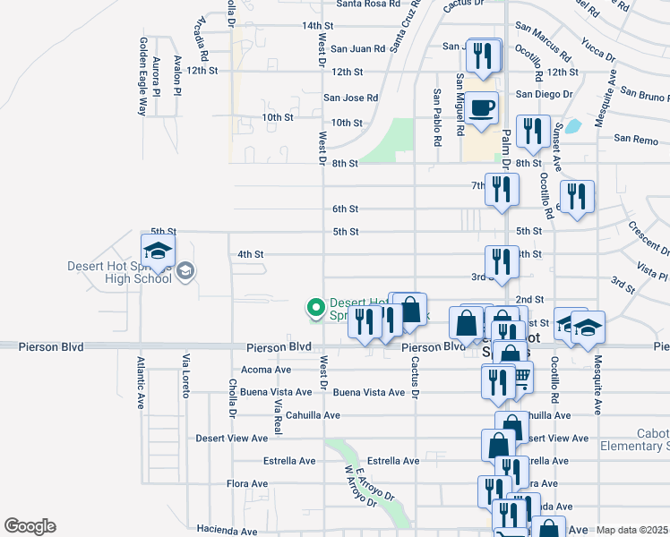 map of restaurants, bars, coffee shops, grocery stores, and more near 66032 3rd Street in Desert Hot Springs