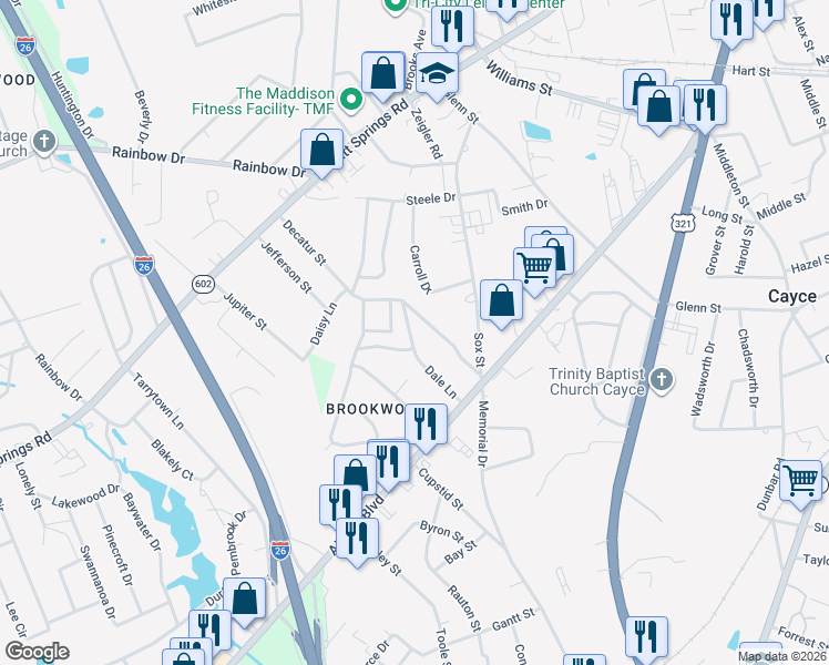 map of restaurants, bars, coffee shops, grocery stores, and more near 300 Dale Lane in Cayce