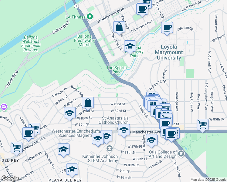 map of restaurants, bars, coffee shops, grocery stores, and more near 7413 West Coastal View Drive in Los Angeles