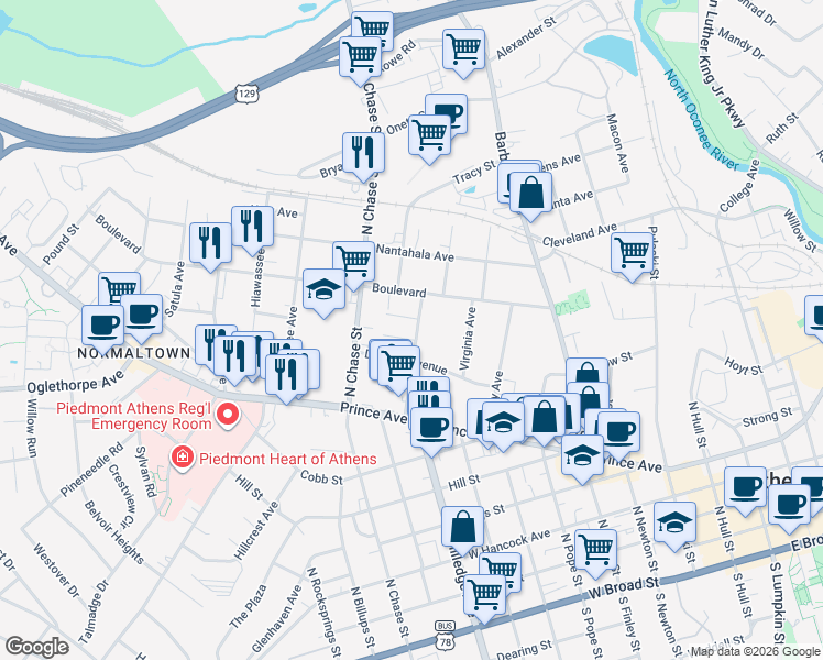 map of restaurants, bars, coffee shops, grocery stores, and more near 335 Lyndon Avenue in Athens