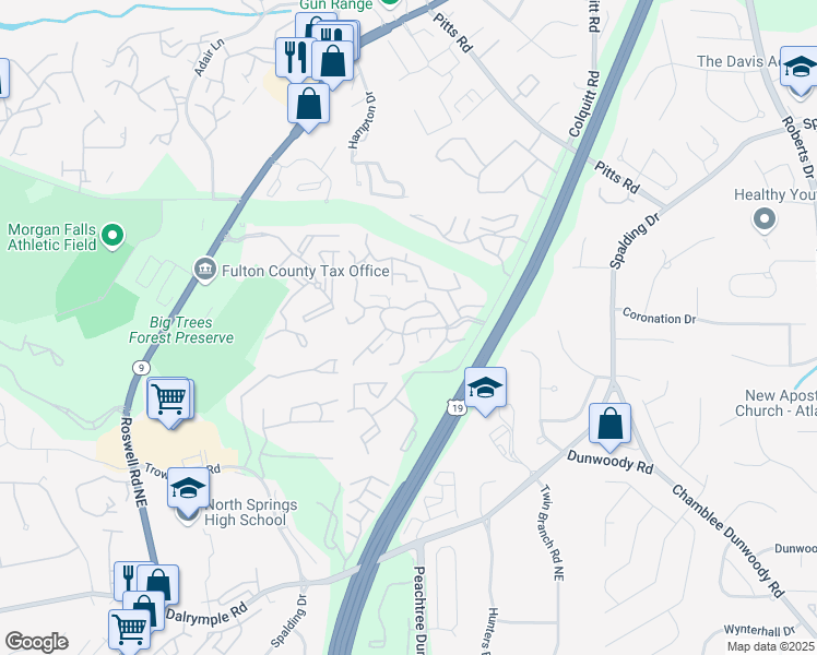map of restaurants, bars, coffee shops, grocery stores, and more near 3107 Treelodge Parkway in Sandy Springs