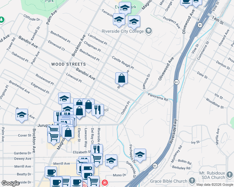 map of restaurants, bars, coffee shops, grocery stores, and more near 3594 Bandini Avenue in Riverside