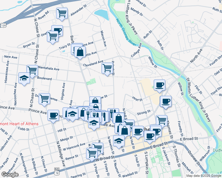 map of restaurants, bars, coffee shops, grocery stores, and more near 635 Pulaski Street in Athens