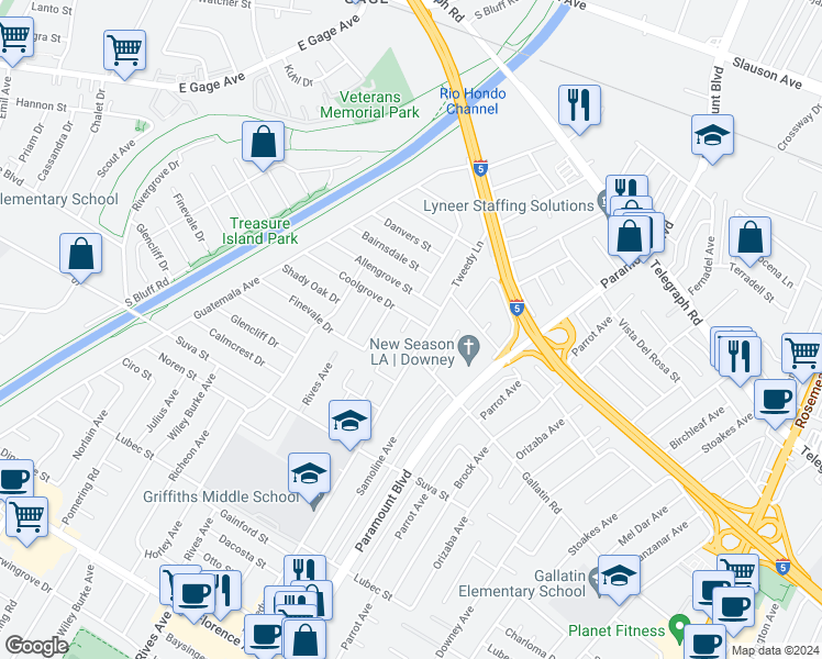 map of restaurants, bars, coffee shops, grocery stores, and more near 9008 Smallwood Avenue in Downey