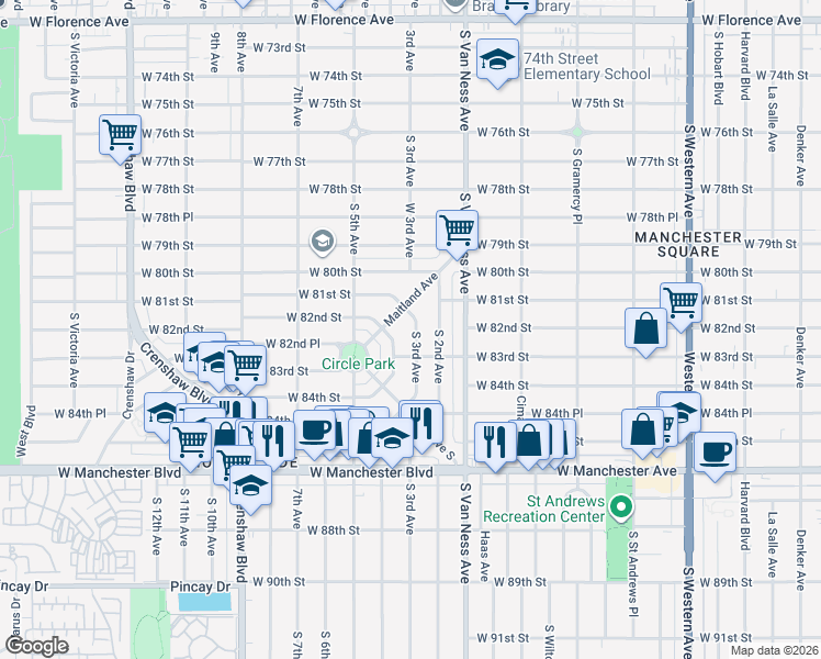 map of restaurants, bars, coffee shops, grocery stores, and more near 8201 South 3rd Avenue in Inglewood