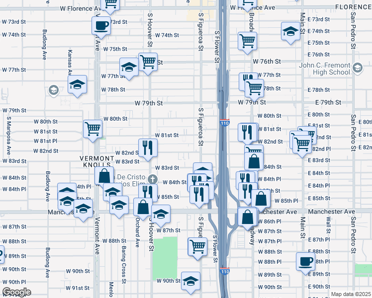map of restaurants, bars, coffee shops, grocery stores, and more near 533 West 82nd Street in Los Angeles