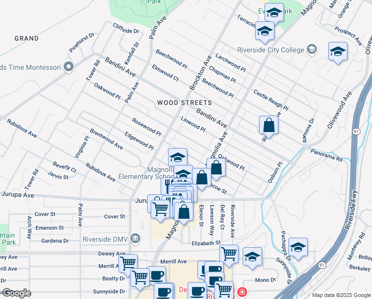 map of restaurants, bars, coffee shops, grocery stores, and more near 3957 Rosewood Place in Riverside