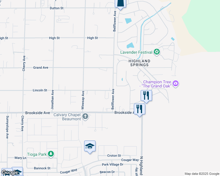 map of restaurants, bars, coffee shops, grocery stores, and more near 10803 Bellflower Avenue in Cherry Valley