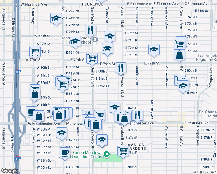 map of restaurants, bars, coffee shops, grocery stores, and more near 400 1/2 East 82nd Street in Los Angeles