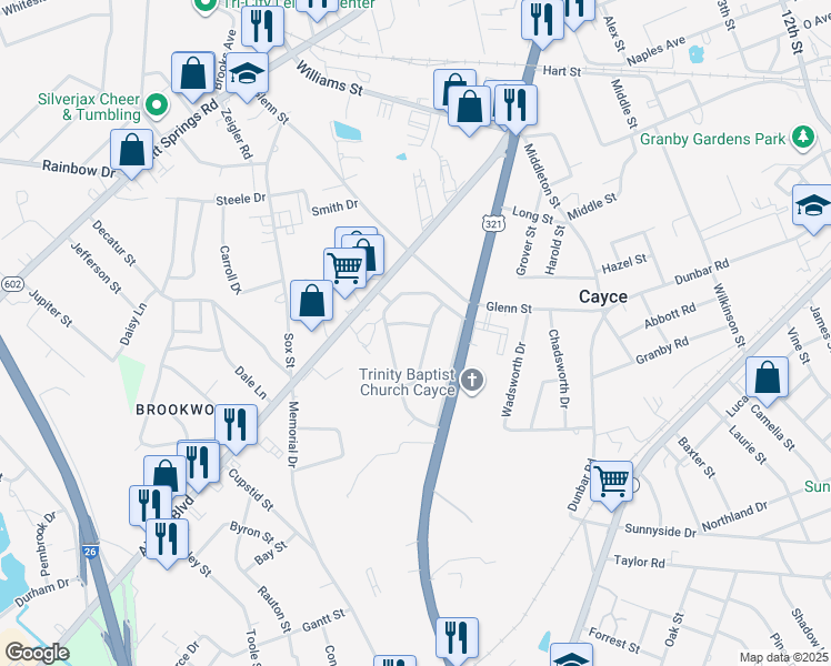 map of restaurants, bars, coffee shops, grocery stores, and more near 1801 Evelyn Street in Cayce