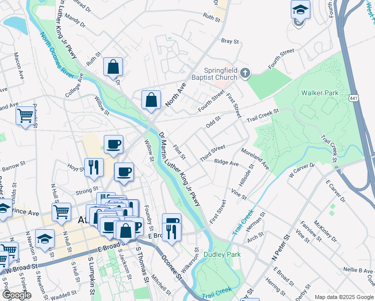 map of restaurants, bars, coffee shops, grocery stores, and more near 130 Pearl St in Athens