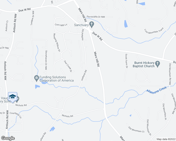 map of restaurants, bars, coffee shops, grocery stores, and more near 619 Holland Road in Powder Springs