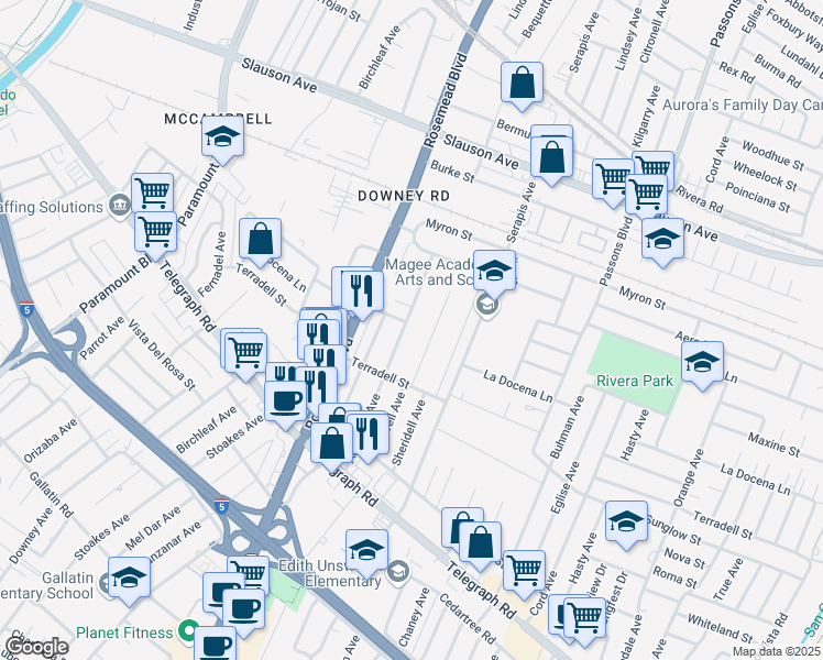 map of restaurants, bars, coffee shops, grocery stores, and more near 8300 Arrington Avenue in Pico Rivera