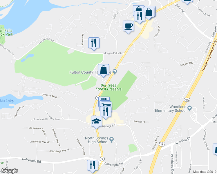 map of restaurants, bars, coffee shops, grocery stores, and more near 7645 Roswell Road in Sandy Springs
