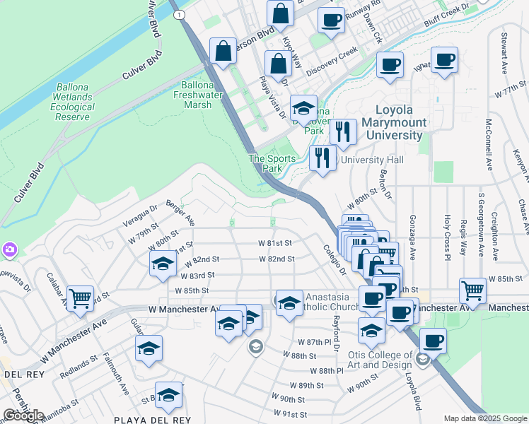 map of restaurants, bars, coffee shops, grocery stores, and more near 7413 West Coastal View Drive in Los Angeles