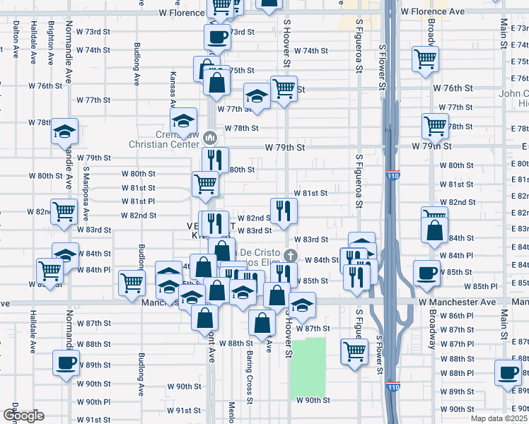 map of restaurants, bars, coffee shops, grocery stores, and more near 837 West 82nd Street in Los Angeles