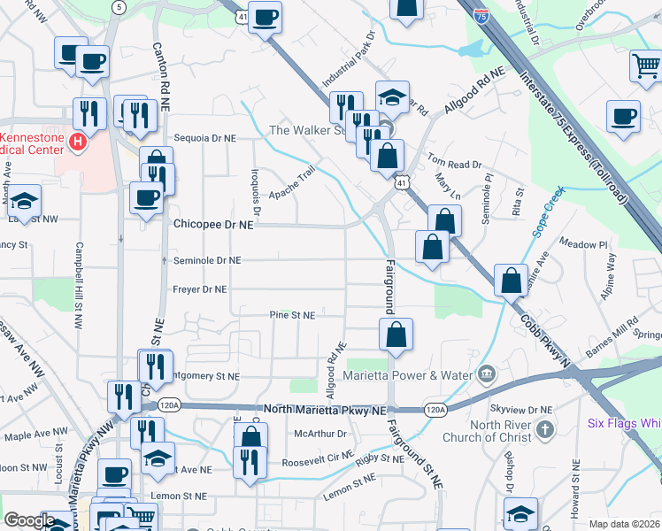 map of restaurants, bars, coffee shops, grocery stores, and more near 434 Seminole Drive Northeast in Marietta